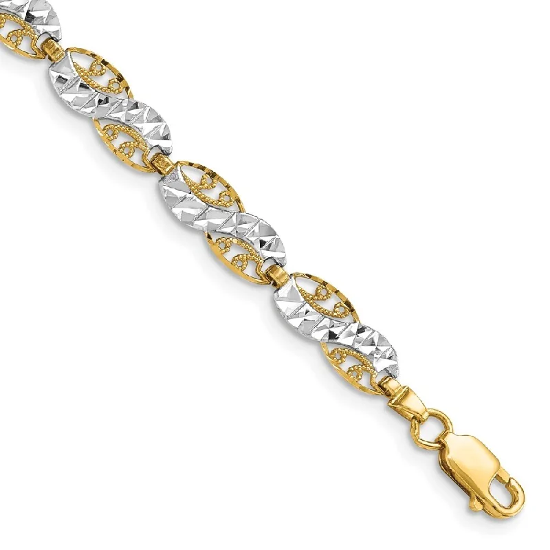 Women’s diamond bracelets-14k Yellow Gold and White Rhodium 5.3mm Diamond-Cut Filigree Link Bracelet, 7.5"