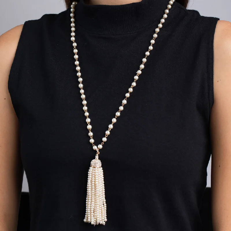 Women’s multi-strand necklaces-Pearl, Gold and Crystal Tassel Necklace