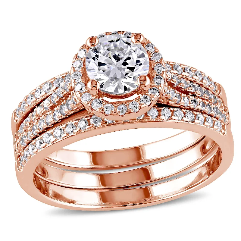 Women’s wedding rings without diamonds-Miadora Rose Gold over Silver Cubic Zirconia Bridal Ring Set