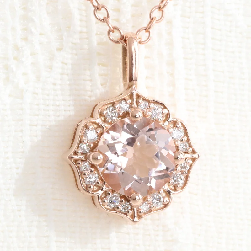 Women’s gemstone pendant necklaces-Halo Diamond Morganite Necklace in 14k Gold Vintage Floral Pendant