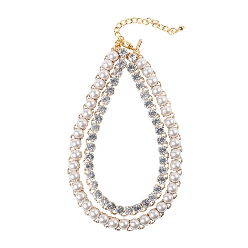 Women’s pearl and diamond necklaces-Gold and Crystal Pearl Chain Necklace