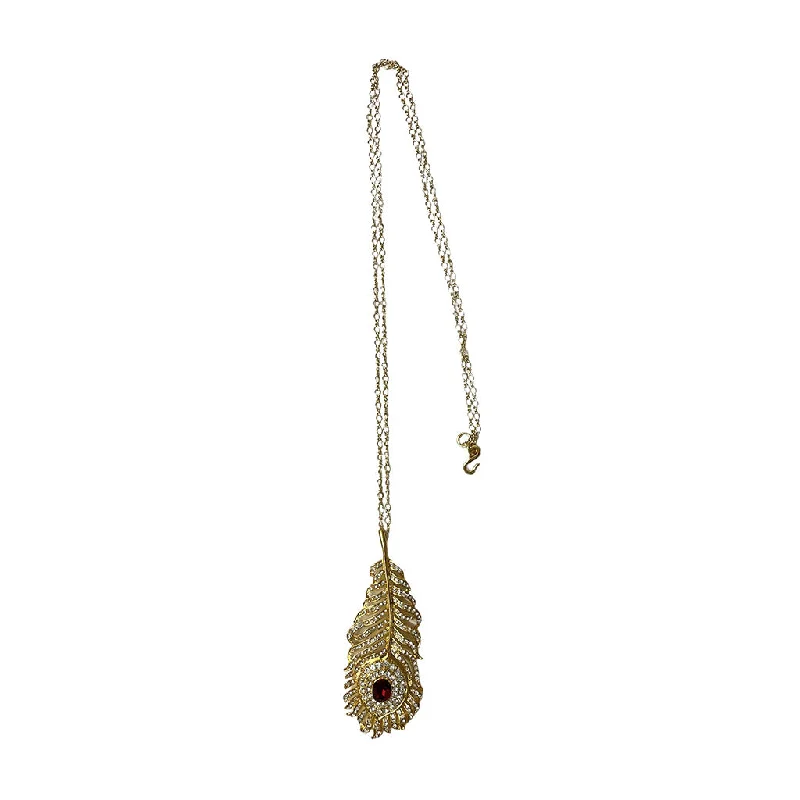 Women’s multi-strand necklaces-Gold Feather Pendant Necklace with Ruby Stone