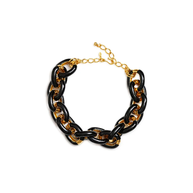 Women’s wedding jewelry necklaces-Polished Gold & Black Enamel Link Necklace