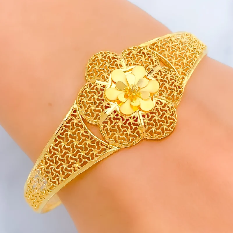 Women’s gold friendship bracelets-Flawless Floral Jali 22k Gold Bangle Bracelet