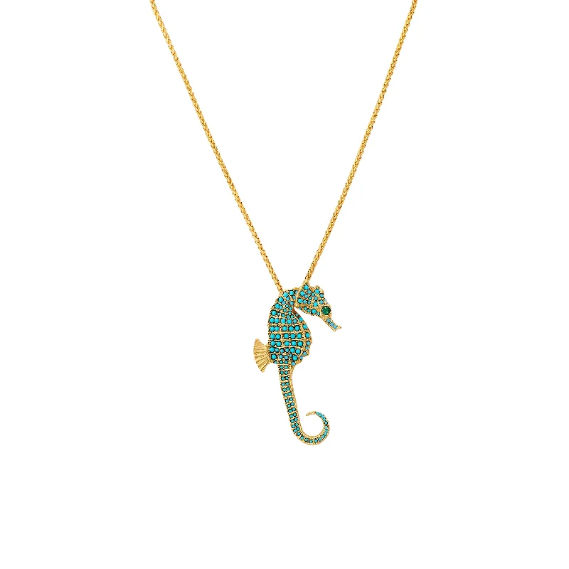 Women’s infinity necklaces-Gold Chain Necklace & Turquoise Seahorse Pendant