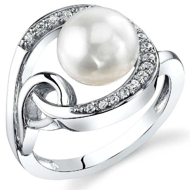 Women’s floral rings-Sterling Silver White Freshwater Pearl Halo Ring 8.5mm