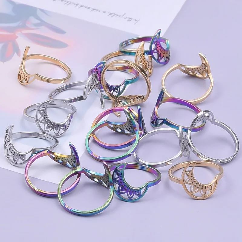 Women’s silver gemstone rings-Retro Color Block Moon Stainless Steel Rings