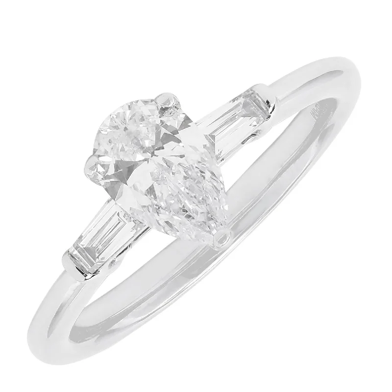 Women’s three-stone engagement rings-Northern Star Pear Diamond and Baguette Engagement Ring in 14kt White Gold (7/8ct tw)