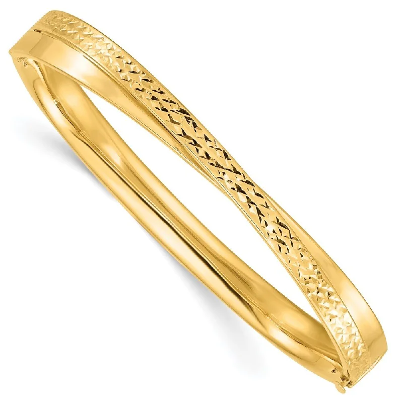 Women’s modern bangles-14k Yellow Gold 4/16 & Diamond-cut Bypass Hinged Bangle Bracelet, 7" (W-7.4mm)