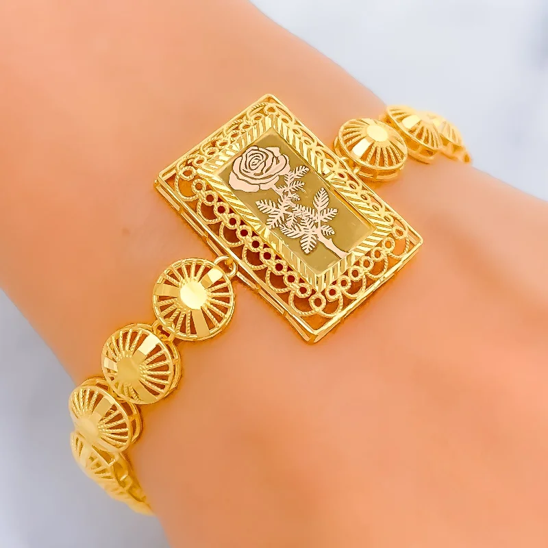 Women’s stackable bracelets-Modish Rectangular 21k Gold Flower Bracelet