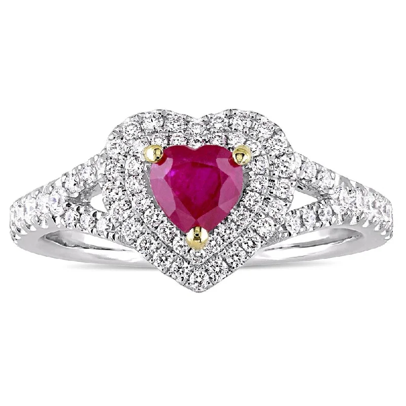 Women’s cubic zirconia rings-Miadora 14k White Gold with Yellow Prongs Ruby and 2/5ct TDW Diamond Heart Double Halo Ring