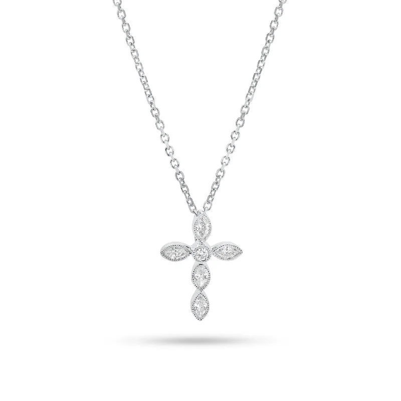 Women’s wedding necklaces-Marquise Diamond Cross Pendant Necklace with Milgrain Detail