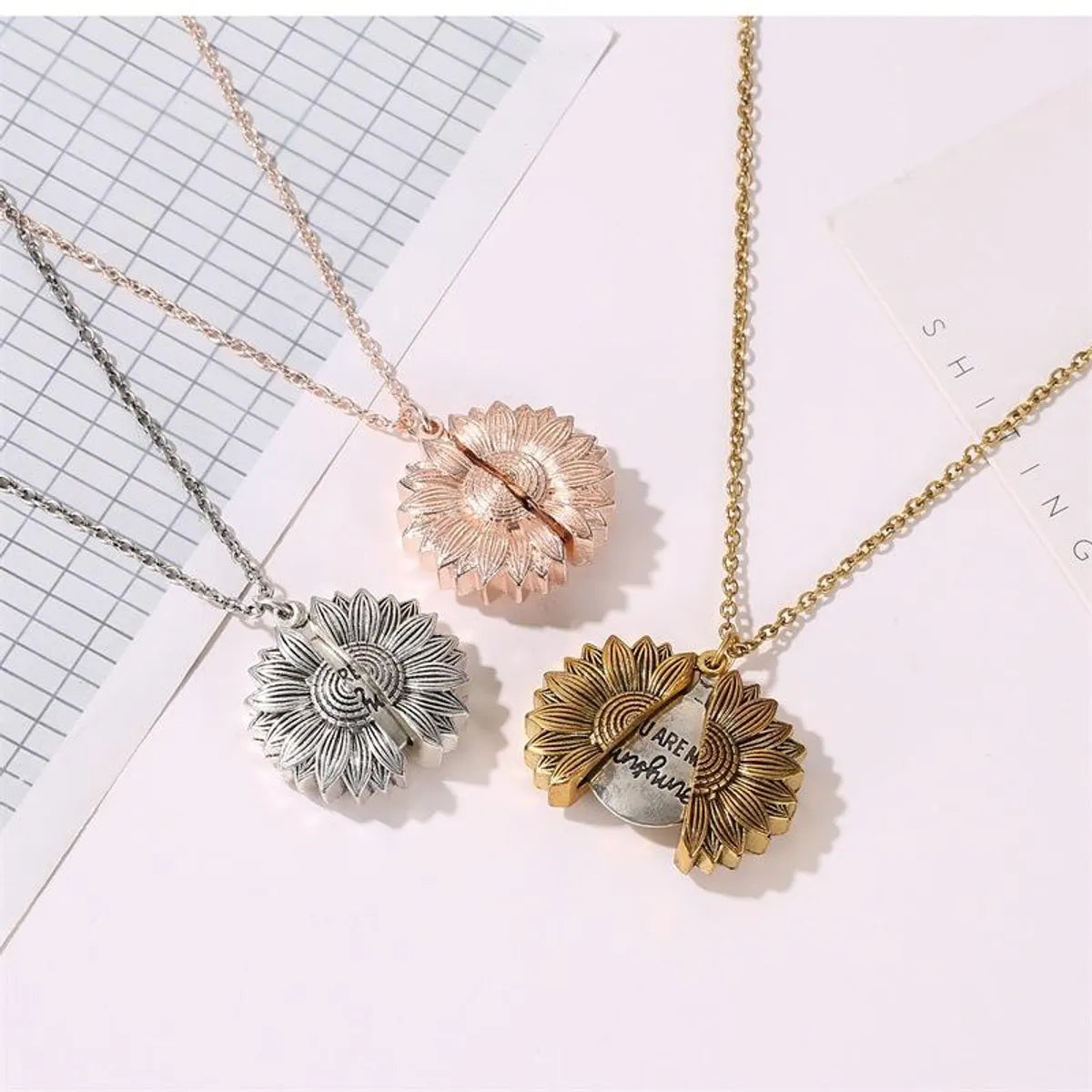 Women’s eternity necklaces-Sunflower Necklace Vintage Open Double Lettering Pendant Double-sided Flower Letter Clavicle Chain