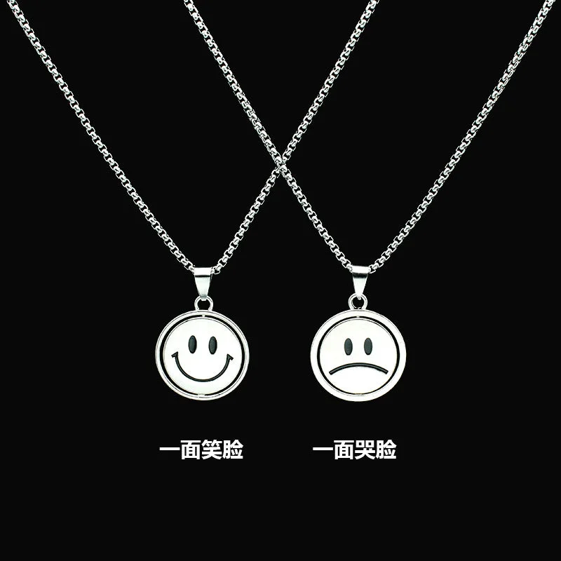 Rotating Medium Crying Smiling Face Titanium Steel Necklace 60cm