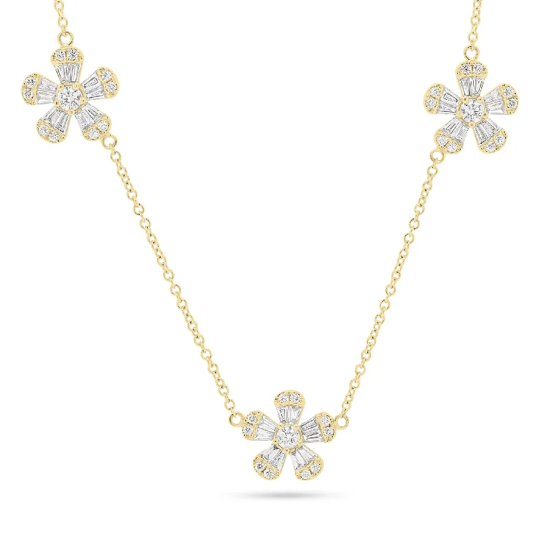 Women’s sterling silver pendants-Round & Baguette Diamond Flower Station Necklace