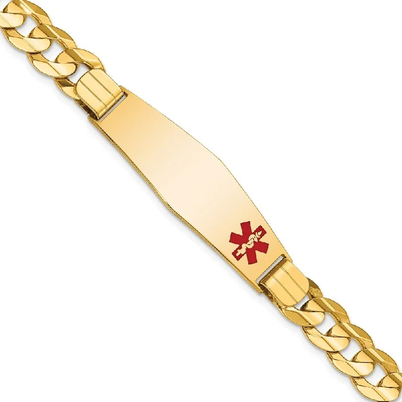 Women’s antique bracelets-14k Yellow Gold 13.5mm Medical Soft Diamond Shape Red Enamel Curb ID Bracelet, 8"