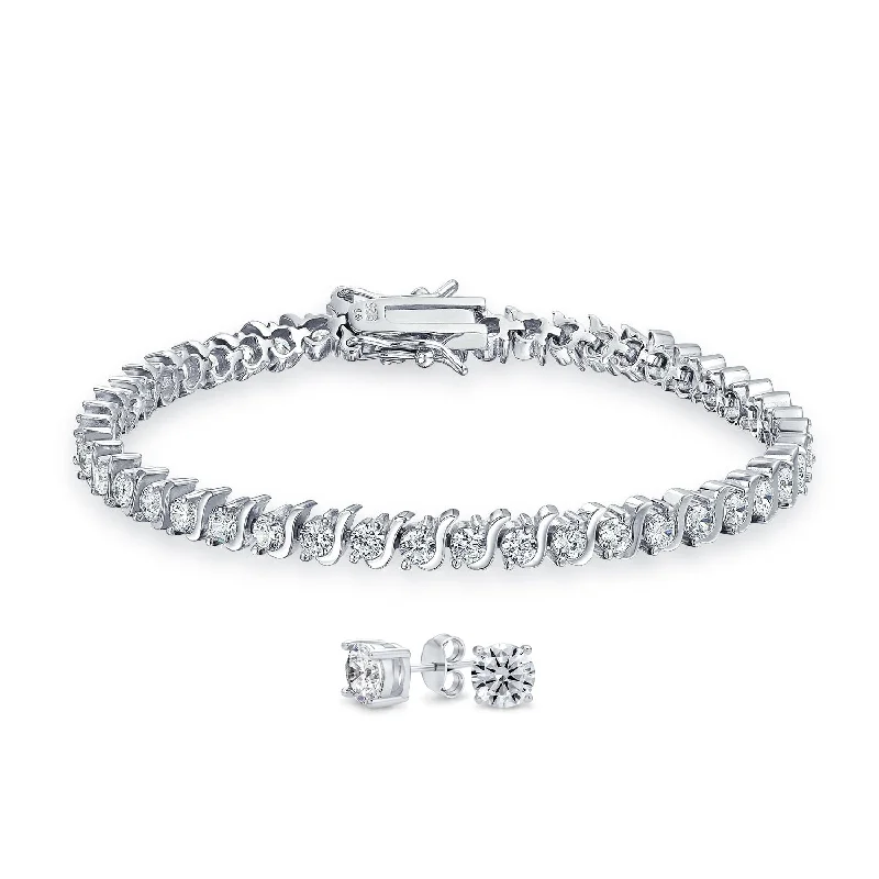 Women’s silver cuff bracelets-Traditional Bridal Jewelry Set 15CTW CZ Tennis Bracelet & Earrings Silver Rhodium