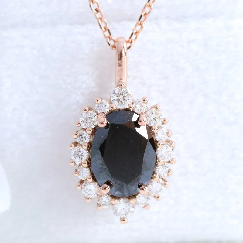 Women’s heart-shaped diamond necklaces-Oval Black Diamond Necklace in 14k Gold Tiara Halo Diamond Pendant