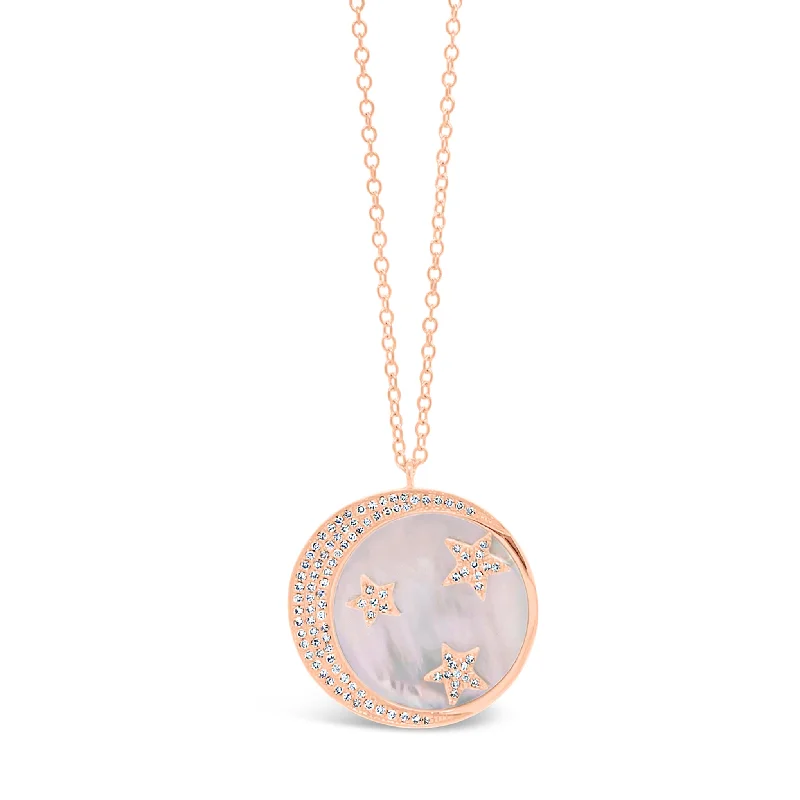 Women’s silver chain necklaces-Pink Mother of Pearl Pendant with Diamond Moon & Stars