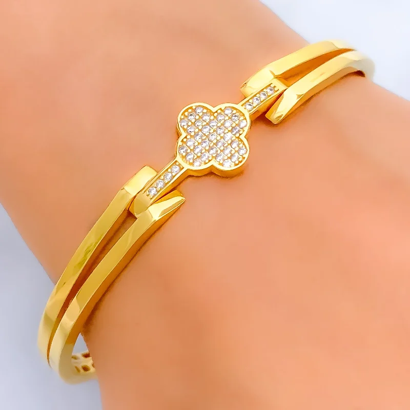 Women’s custom name bracelets-Elegant Sparkling 22k Gold Clover CZ Bangle Bracelet