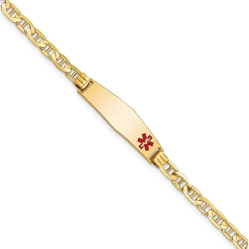 Women’s fancy bracelets-Curata 8.5mm 14k Engravable Medical Soft Diamond Shape Red Enamel Nautical Ship Mariner Anchor Link ID Bracelet