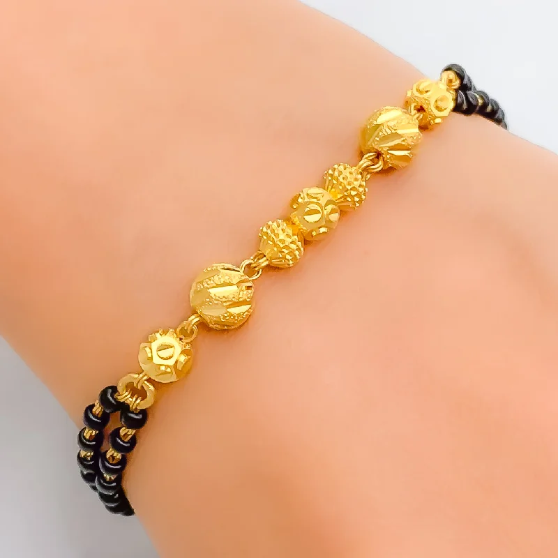 Women’s personalized bracelets with names-Sparkling Beadwork 22k Gold Black Bead Bracelet