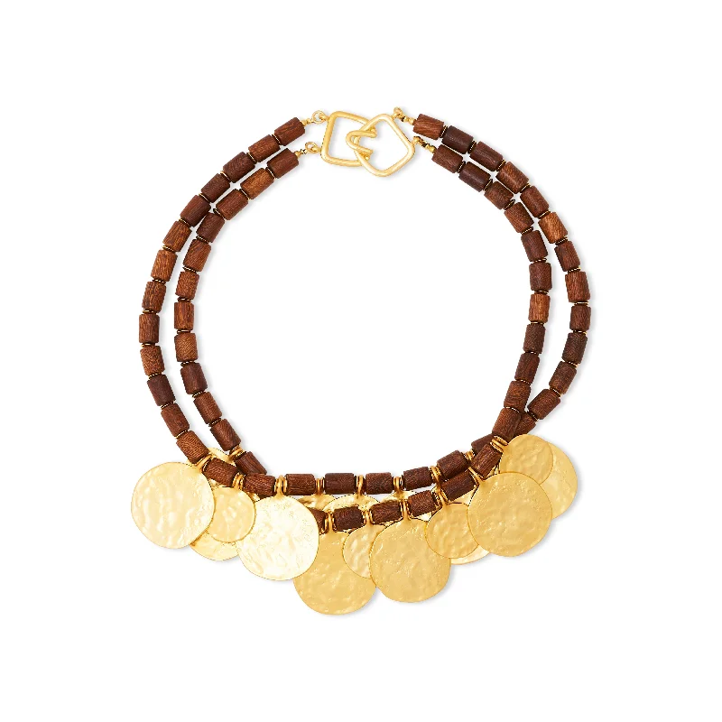 Women’s fashion necklaces-Satin Gold Coins & Wood Bead Necklace