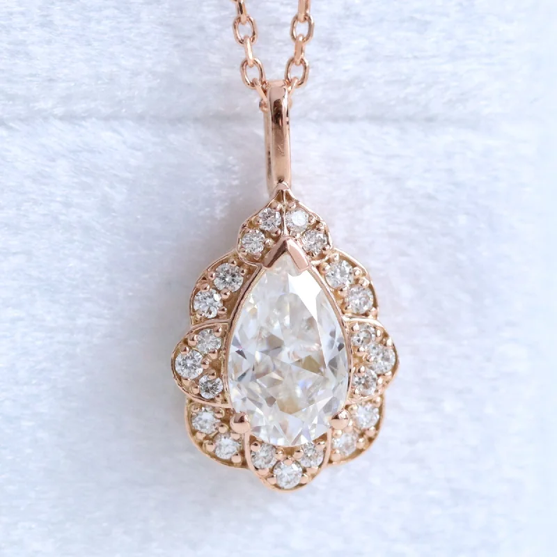 Women’s personalized charm necklaces-Pear Moissanite Diamond Necklace in 14k Gold Vintage Floral Halo Pendant