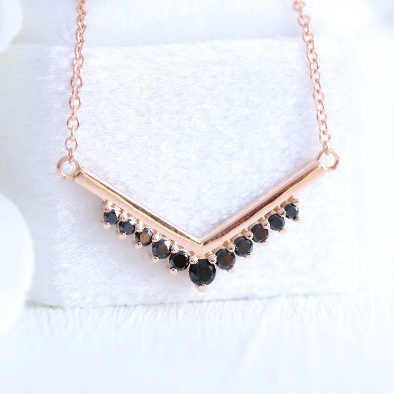 Women’s antique-style necklaces-V Shaped Black Diamond Necklace in 14k Gold Tiara Drop Pendant