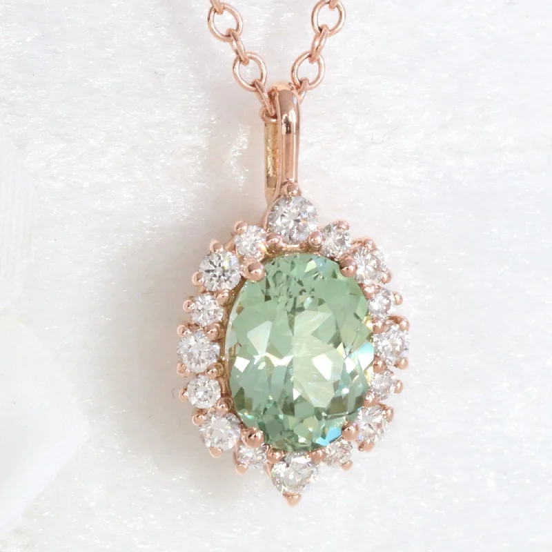 Women’s choker necklaces-Oval Green Sapphire Necklace in 14k Gold Tiara Halo Diamond Pendant