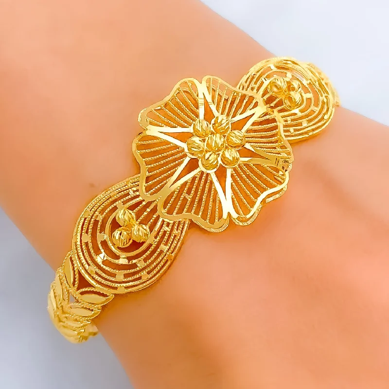 Women’s bangle bracelets-Graceful Striped Flower 22k Gold Bangle Bracelet