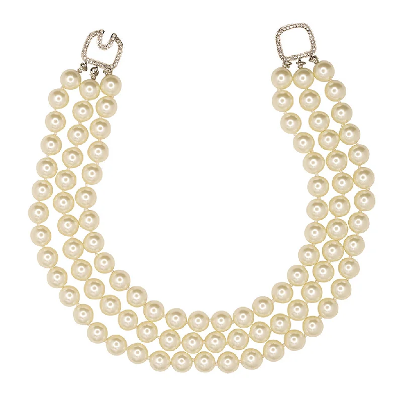 Women’s chain necklaces-3 Row Pearl Necklace With Silver Clasp