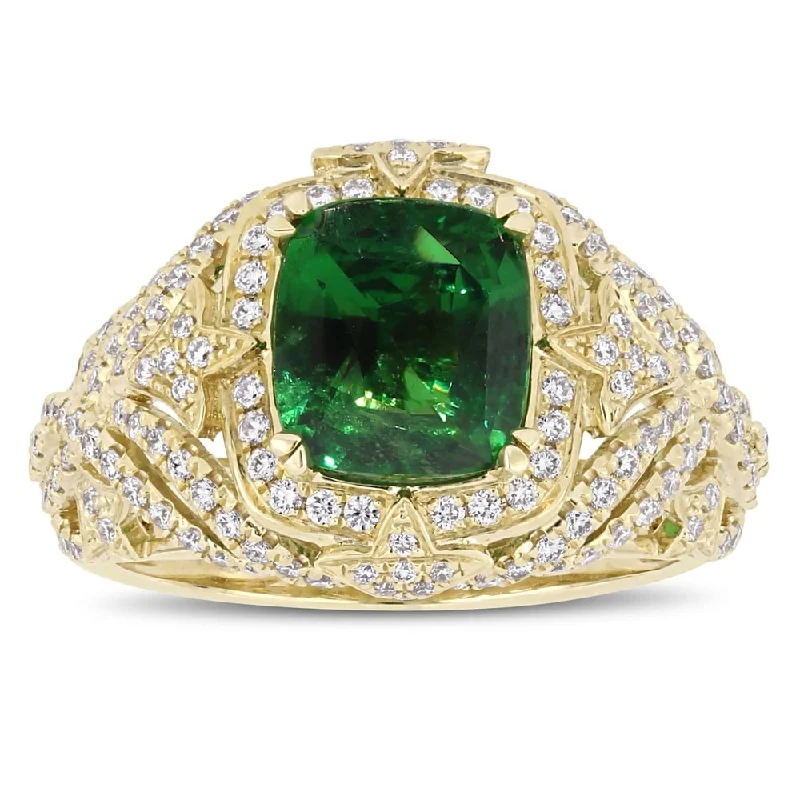 Women’s ruby rings-Miadora 14k Yellow Gold Tsavorite and 3/4ct TDW Diamond Halo Cluster Cocktail Ring