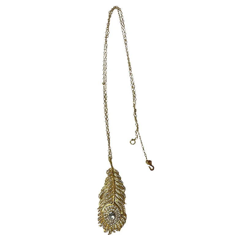 Women’s wedding necklaces-Gold-Plated Feather Pendant with Crystal Stone Necklace