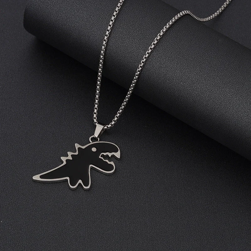 Black Double-Sided Oil Dripping Dinosaur Titanium Steel Necklace 60cm