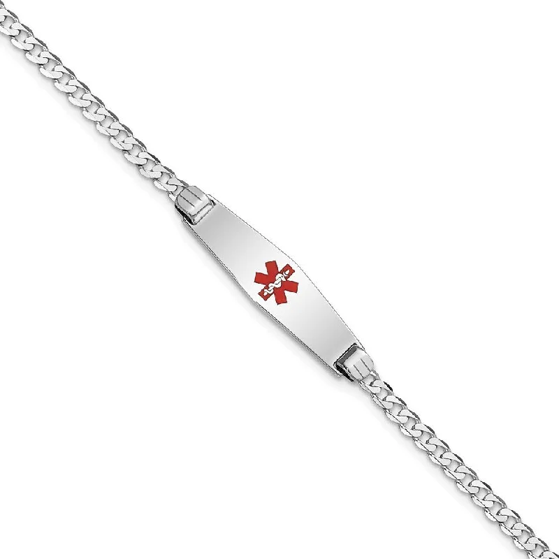 Women’s bohemian bracelets-14k White Gold 7.5mm Medical Soft Diamond Shape Red Enamel Flat Curb Link ID Bracelet, 7"