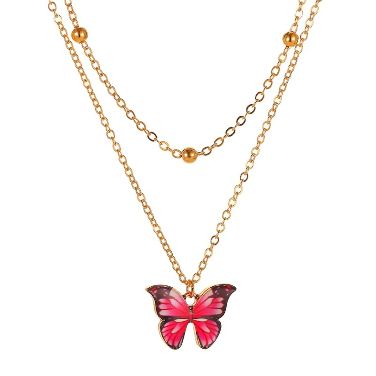 Women’s engagement necklaces-Retro Double Bead Butterfly Pendant Necklace Fashion Dream Color Butterfly Clavicle Chain Women