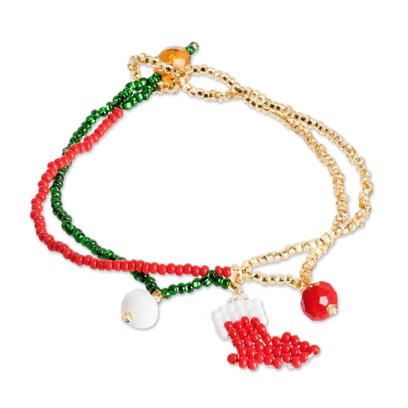 Women’s romantic charm bracelets-Novica Handmade Cute Christmas Boot Crystal And Glass Beaded Pendant Bracelet