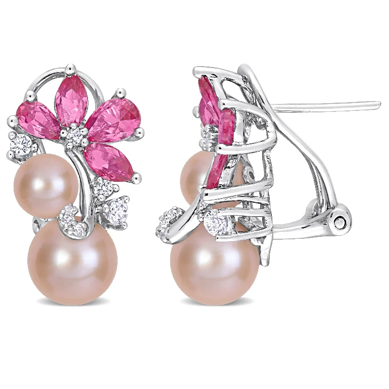 Women’s anniversary rings-Miadora Pink Cultured Freshwater Pearl & 4 1/4 CT TGW Created Pink and White Sapphire Earings in Sterling Silver