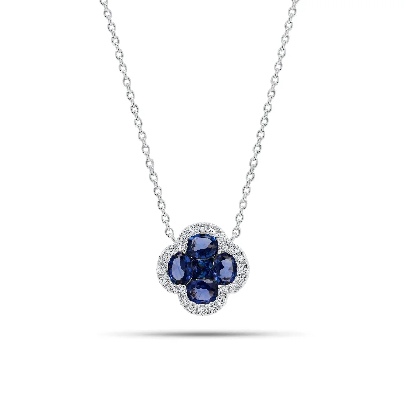 Women’s chunky chain necklaces-Sapphire & Diamond Clover Pendant Necklace