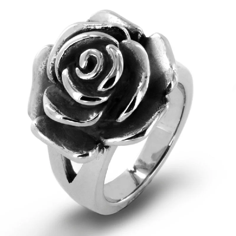 Women’s bold statement rings-Women's Blooming Rose Antiqued Stainless Steel Ring