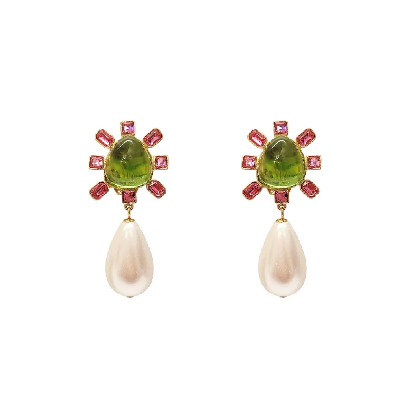 Women’s multi-layered necklaces-Pink and Peridot Cabochon Center Pearl Drop Clip Earring