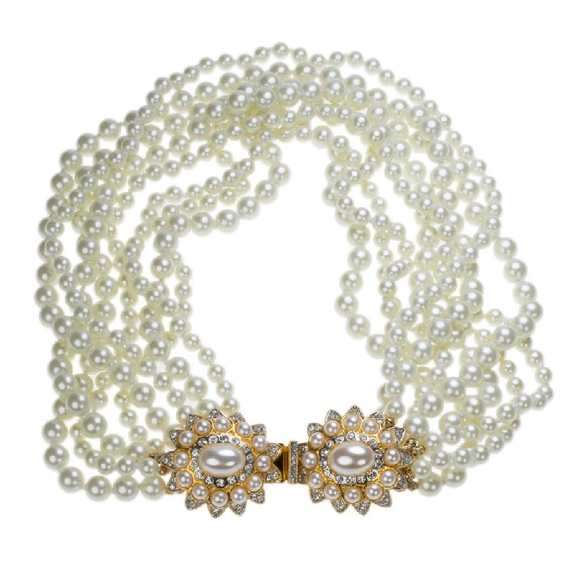 Women’s sparkling necklaces-White Pearl Necklace with Flower Clasp