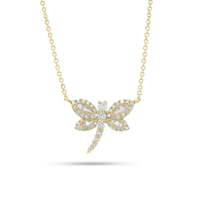 Women’s rose gold chain necklaces-Baguette & Round Diamond Dragonfly Pendant Necklace