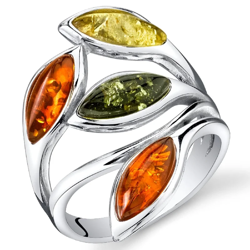 Women’s double band rings-Green and Yellow Amber Ring in Sterling Silver