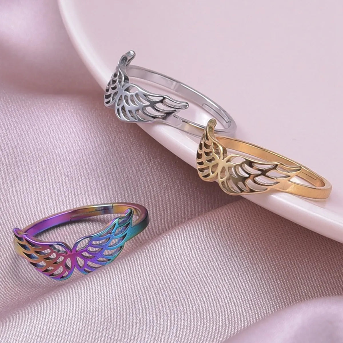 Women’s artistic rings-Wholesale Basic Wings Stainless Steel Open Rings