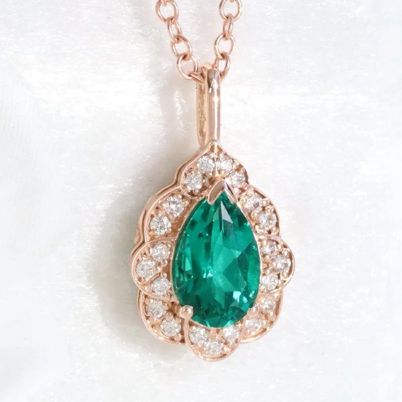 Women’s fashionable necklaces-Pear Emerald Diamond Necklace in 14k Gold Vintage Floral Halo Pendant