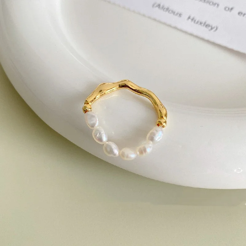 Women’s flower-shaped rings-Elegant Irregular Freshwater Pearl Copper Plating Gold Plated Rings