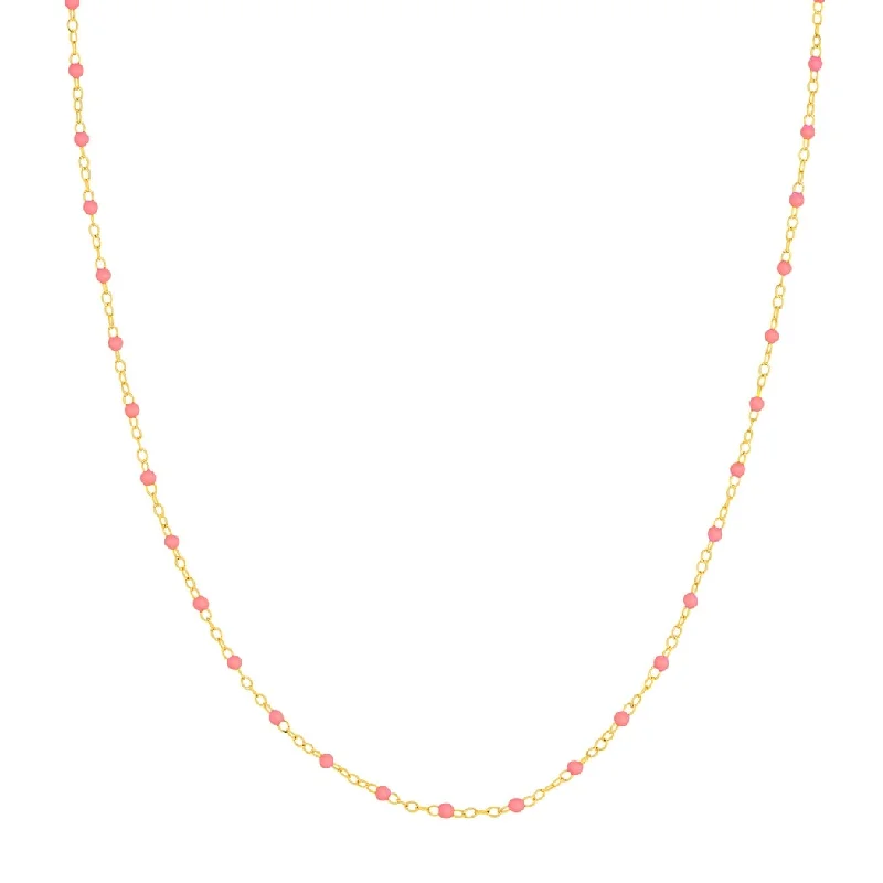 Women’s double stone rings-Curata 14k Yellow Gold 18" Light Pink Enamel Bead Piatto Chain Necklace (Spring-ring)