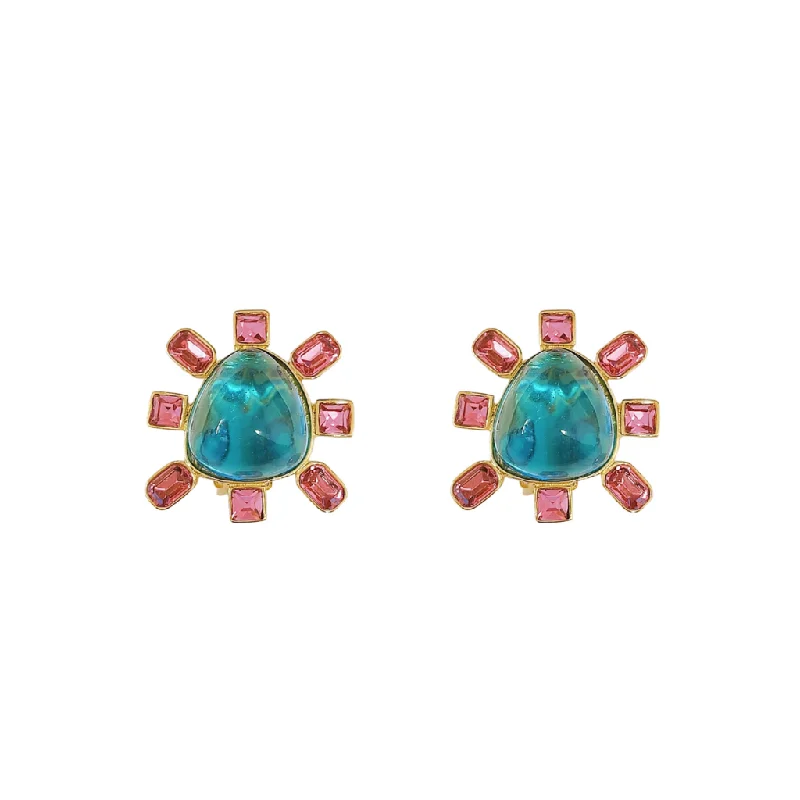 Women’s custom necklaces-Pink and Aqua Cabochon Center Clip Earring